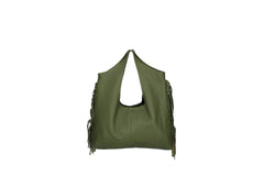 Cristal leather fringe bag military green front view