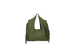 Cristal leather fringe bag military green back view